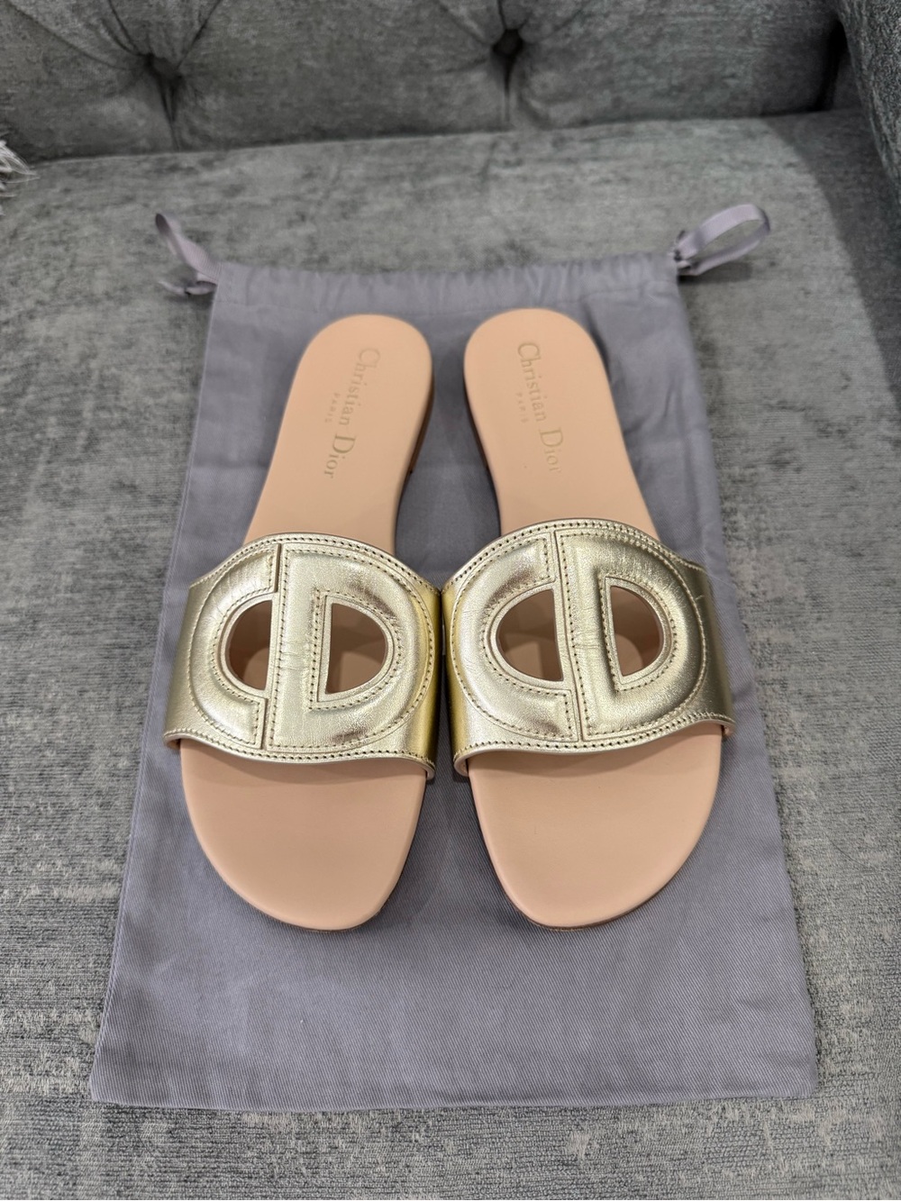 Christian Dior Metallic Gold Logo Slide Sandals